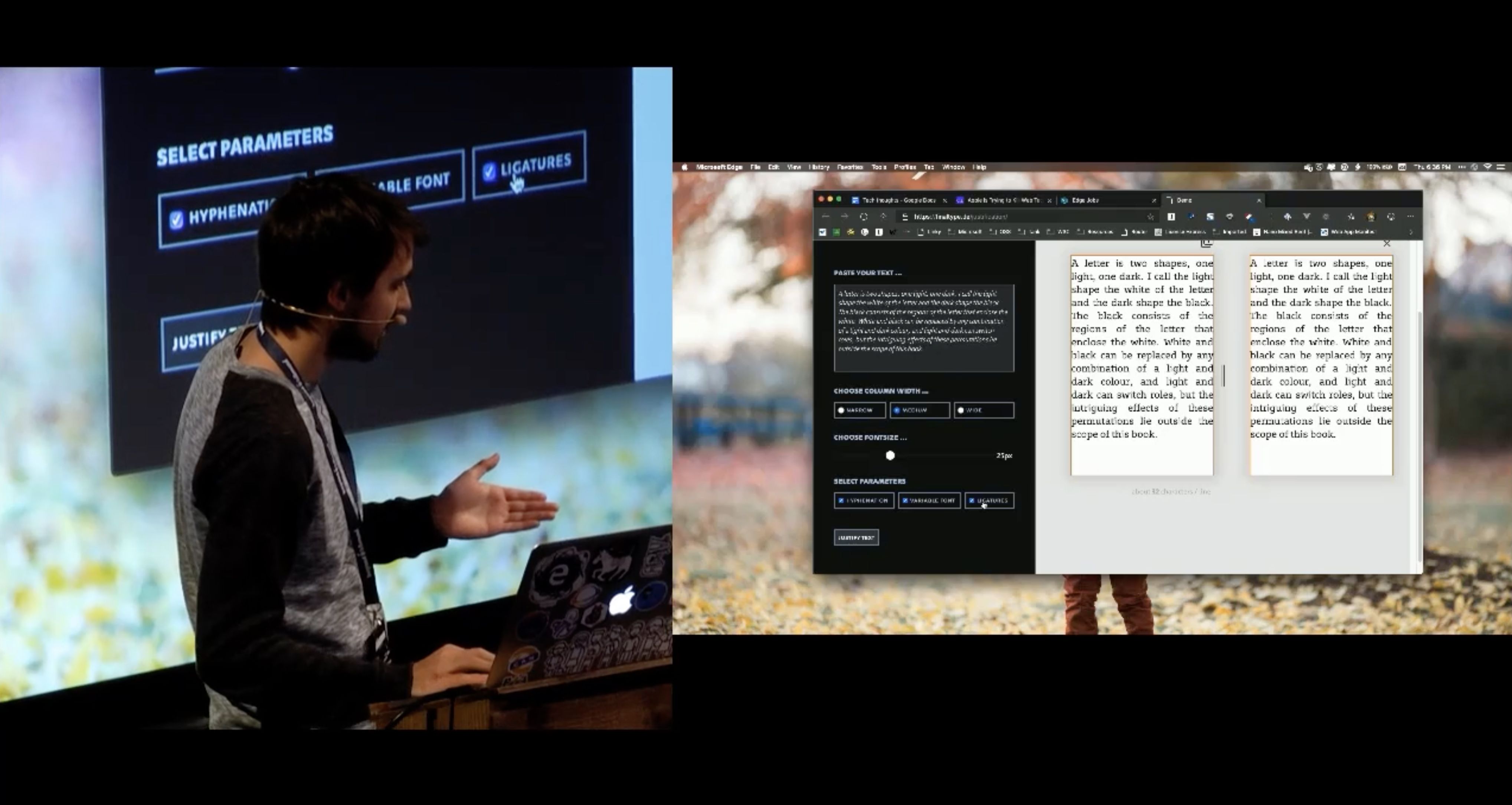 Bühnensituation, links Johannes, rechts Präsentation Blocksatz